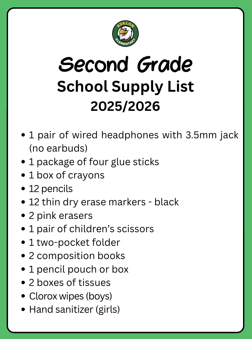 Second Grade School Supply List